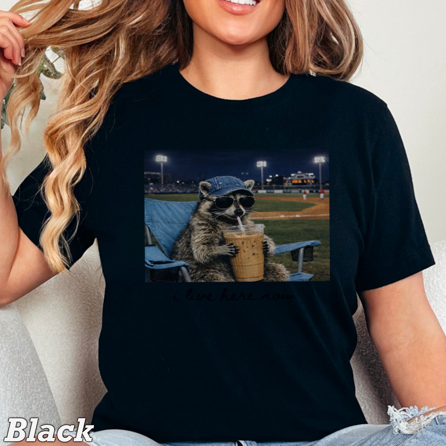 I Live Here Now Raccoon Baseball Comfort Color Graphic Tee