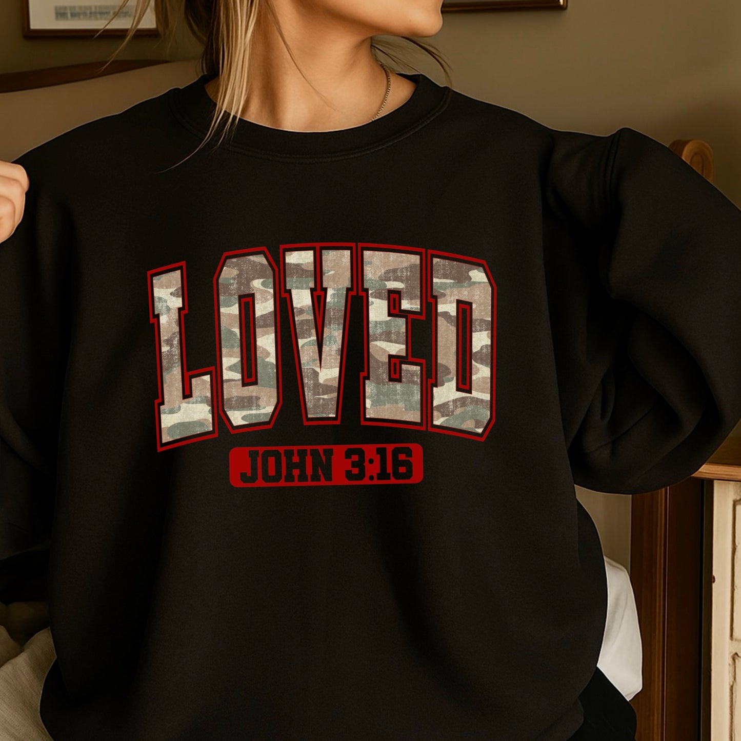 Camo Loved John 3:16 Valentine’s Day Crewneck Sweatshirt