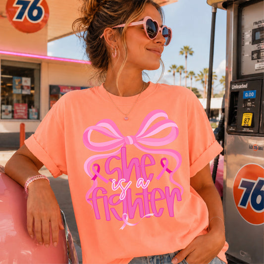 She Is A Fighter Breast Cancer Comfort Color Graphic Tee