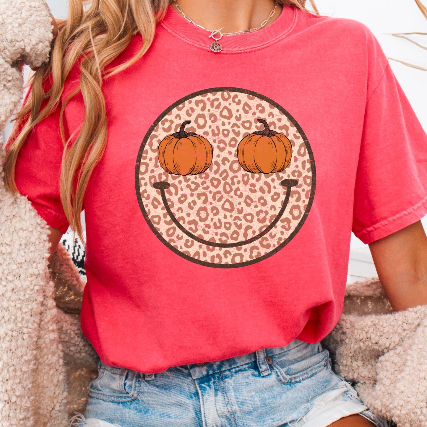 Leopard Pumpkin Face Comfort Color Graphic Tee