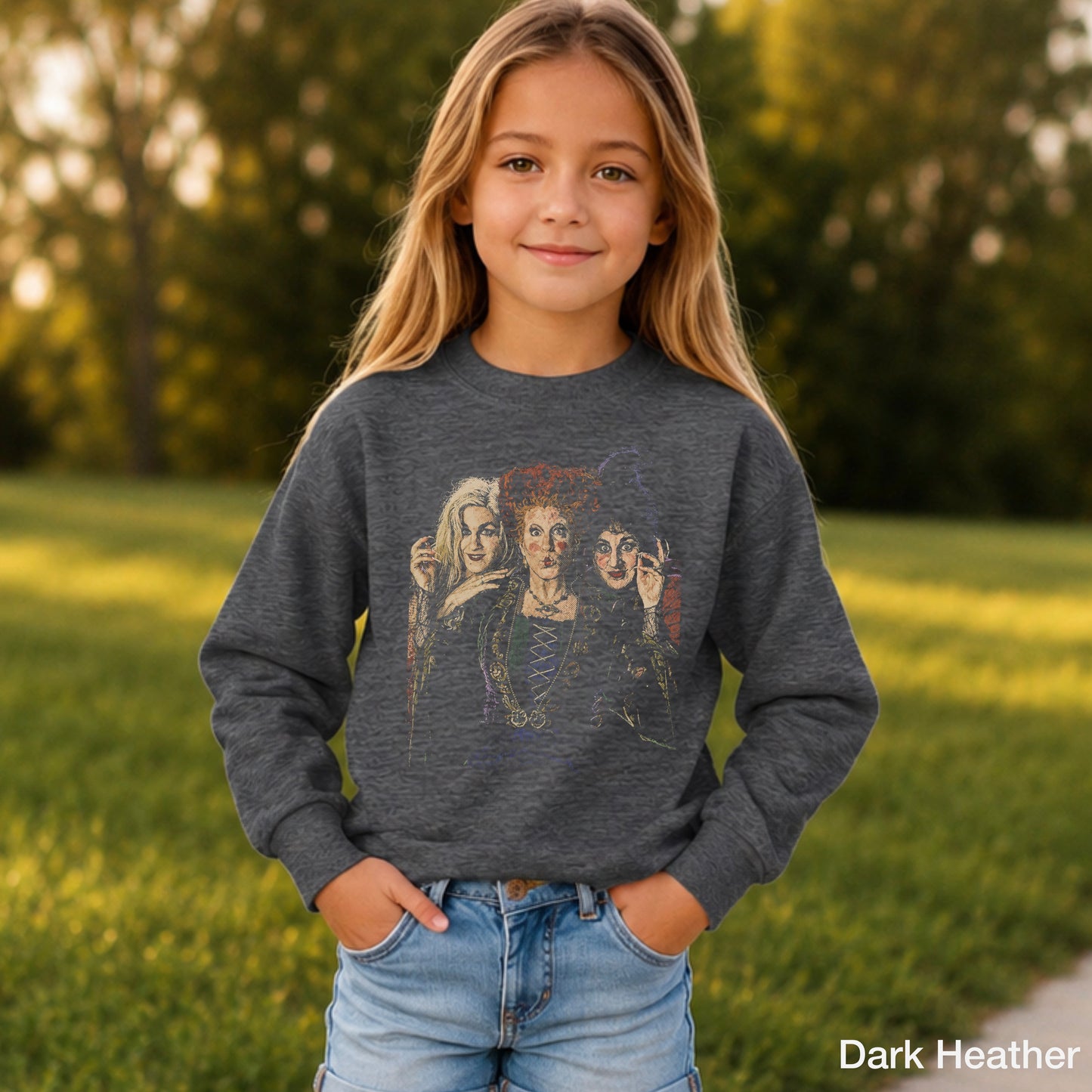 Halloween Sisters Halftone Youth Crewneck Sweatshirt
