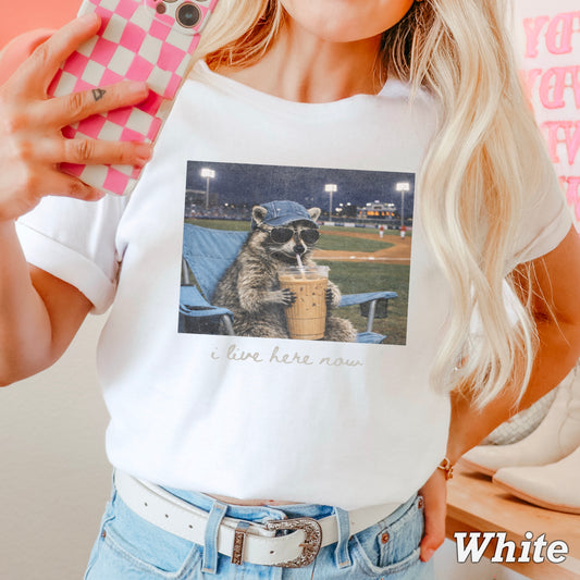 I Live Here Now Raccoon Baseball Comfort Color Graphic Tee