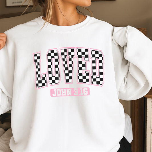 Checkered Loved John 3:16 Valentine’s Day Crewneck Sweatshirt