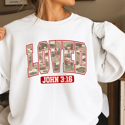 Camo Loved John 3:16 Valentine’s Day Crewneck Sweatshirt