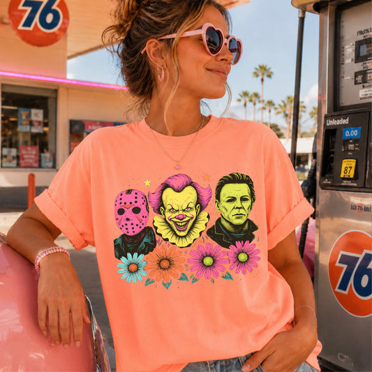 Floral Horror Film Characters Halloween Comfort Color Graphic Tee