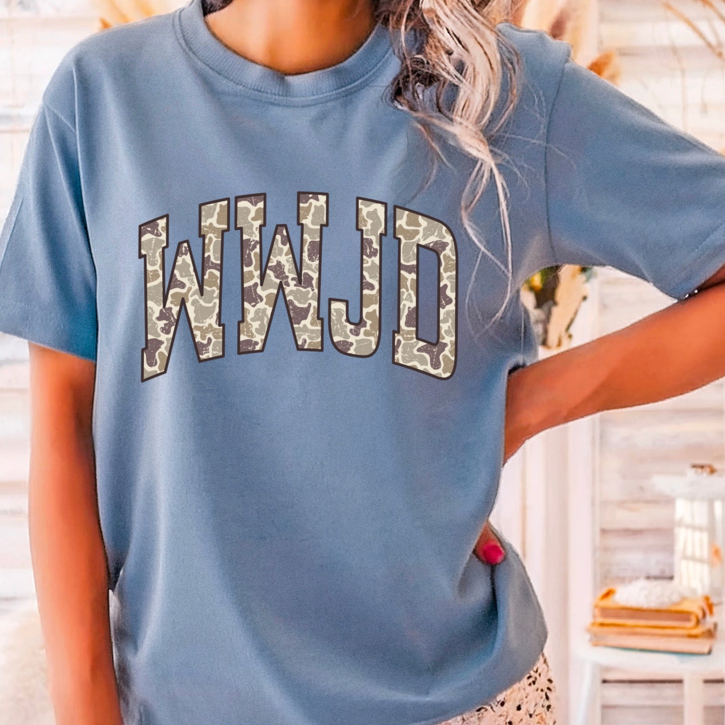 WWJD Camo Christian Comfort Color Graphic Tee