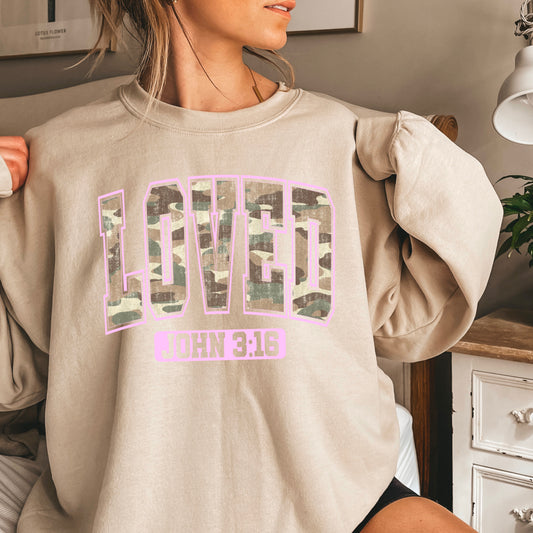 Camo Loved John 3:16 Valentine’s Day Crewneck Sweatshirt
