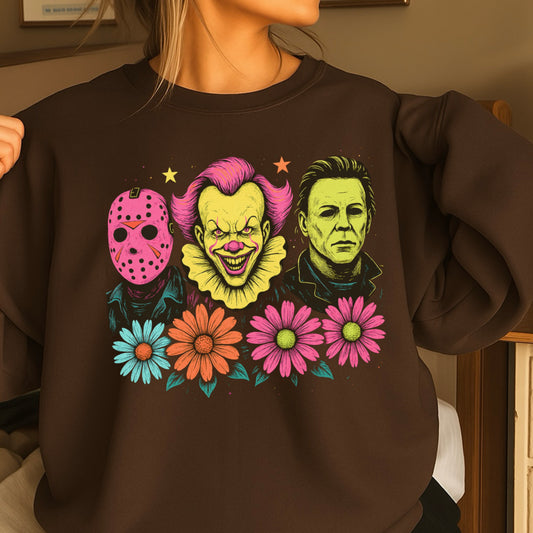 Floral Horror Film Characters Halloween Crewneck Sweatshirt