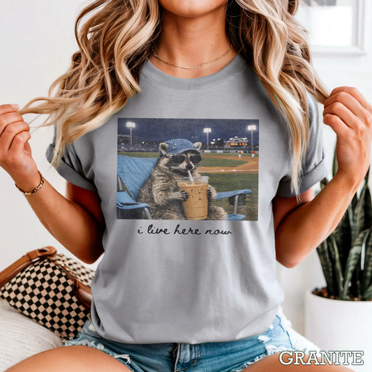 I Live Here Now Raccoon Baseball Comfort Color Graphic Tee