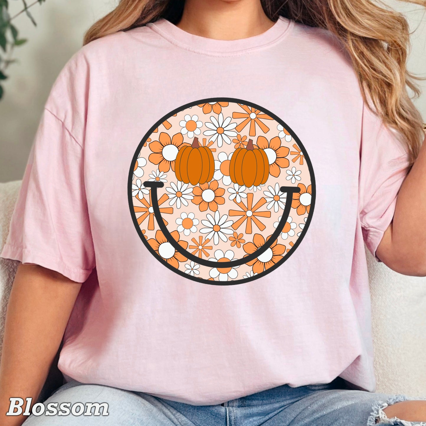 Floral Pumpkin Face Comfort Color Graphic Tee