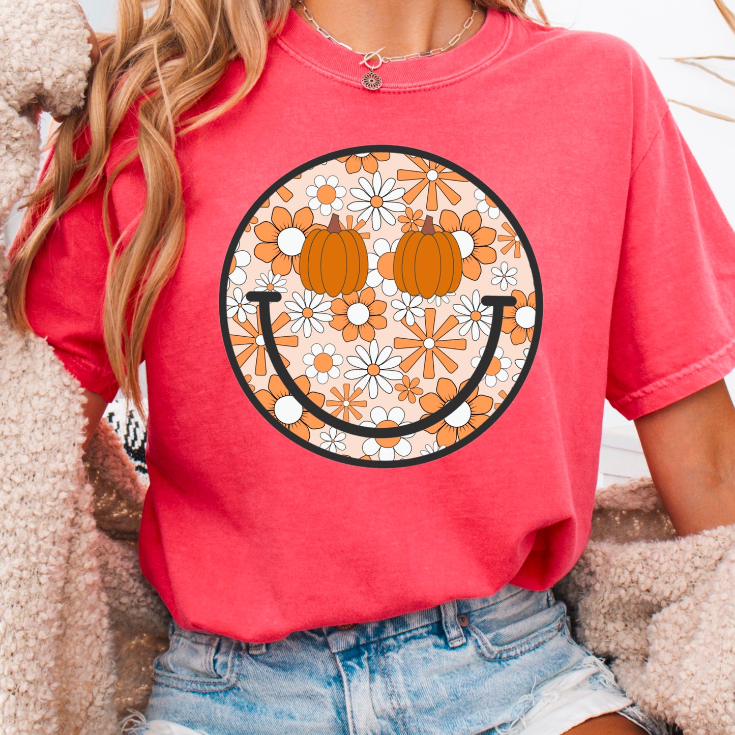 Floral Pumpkin Face Comfort Color Graphic Tee