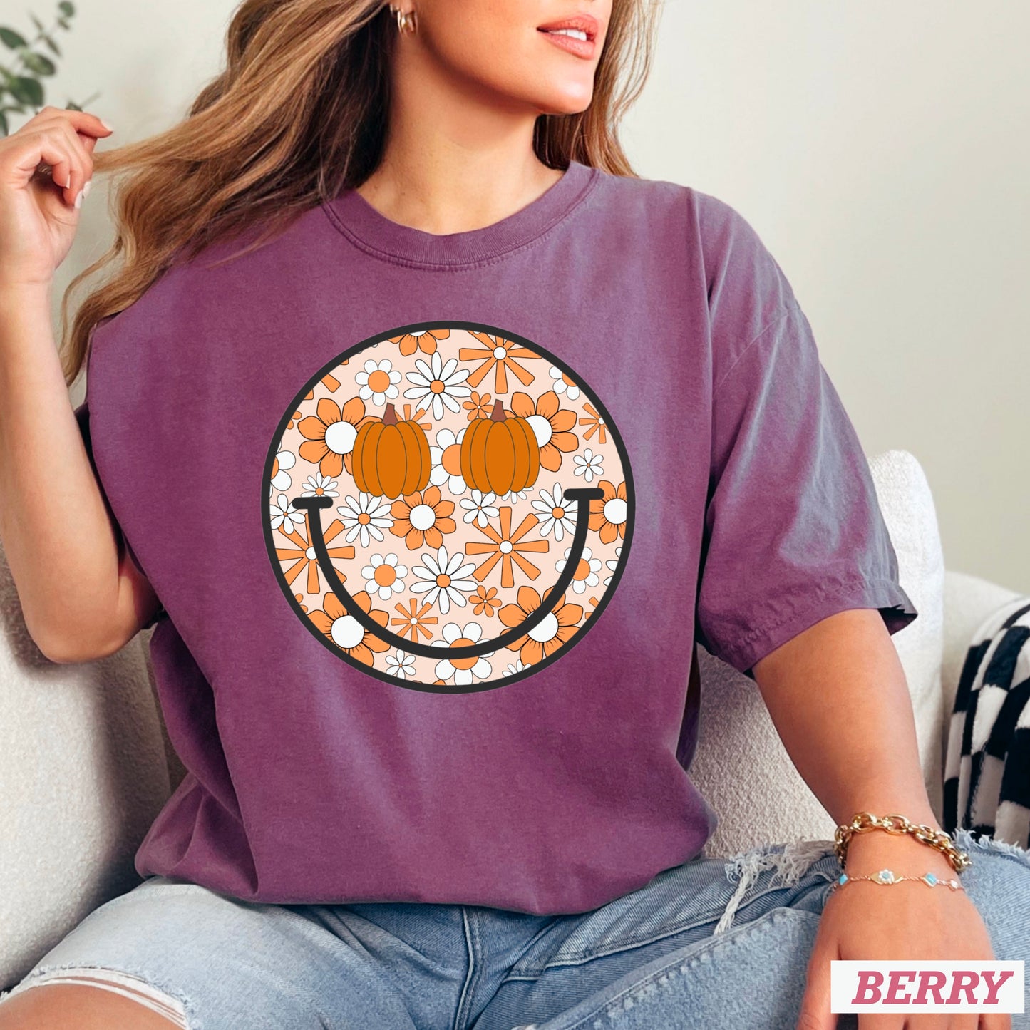 Floral Pumpkin Face Comfort Color Graphic Tee