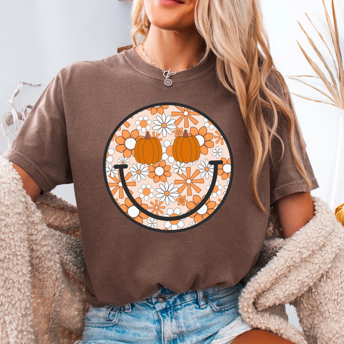 Floral Pumpkin Face Comfort Color Graphic Tee