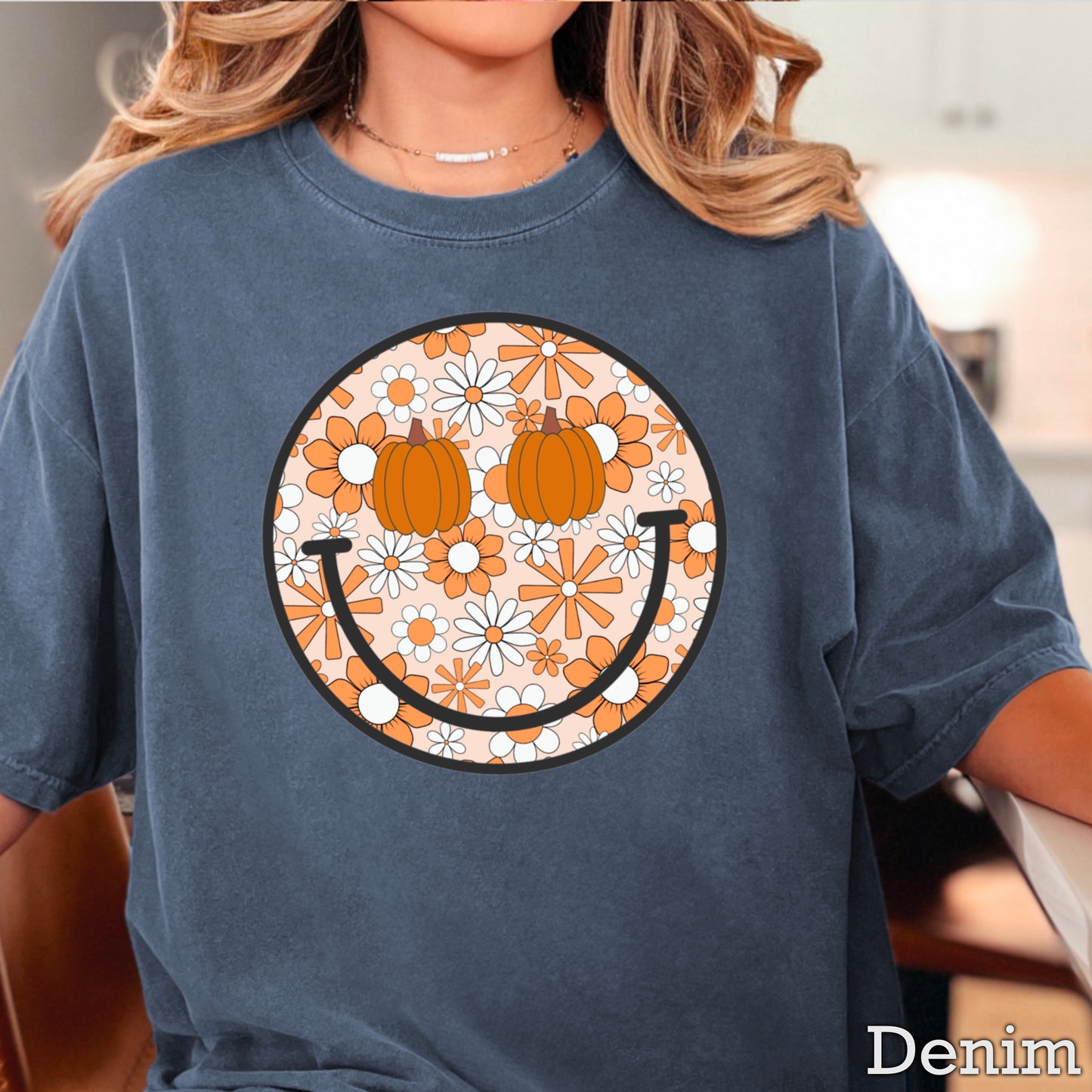 Floral Pumpkin Face Comfort Color Graphic Tee