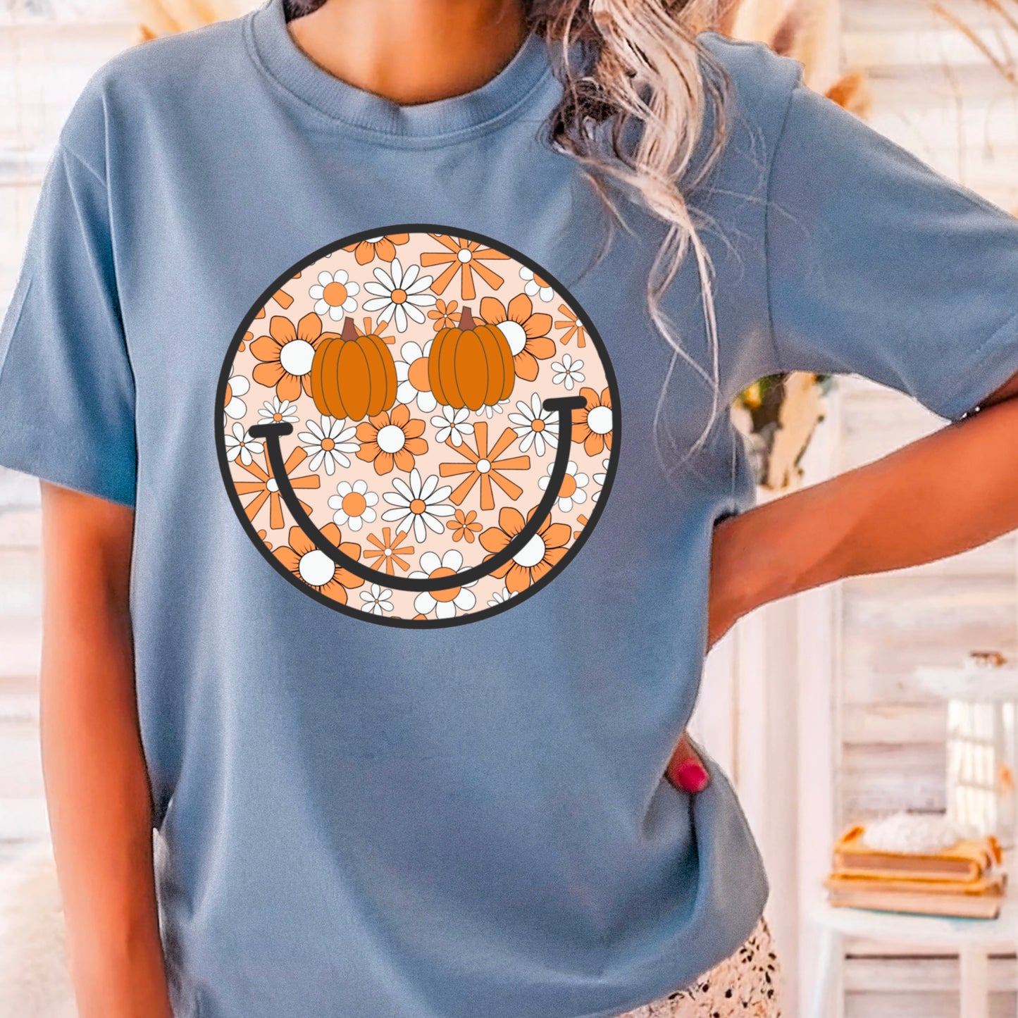 Floral Pumpkin Face Comfort Color Graphic Tee
