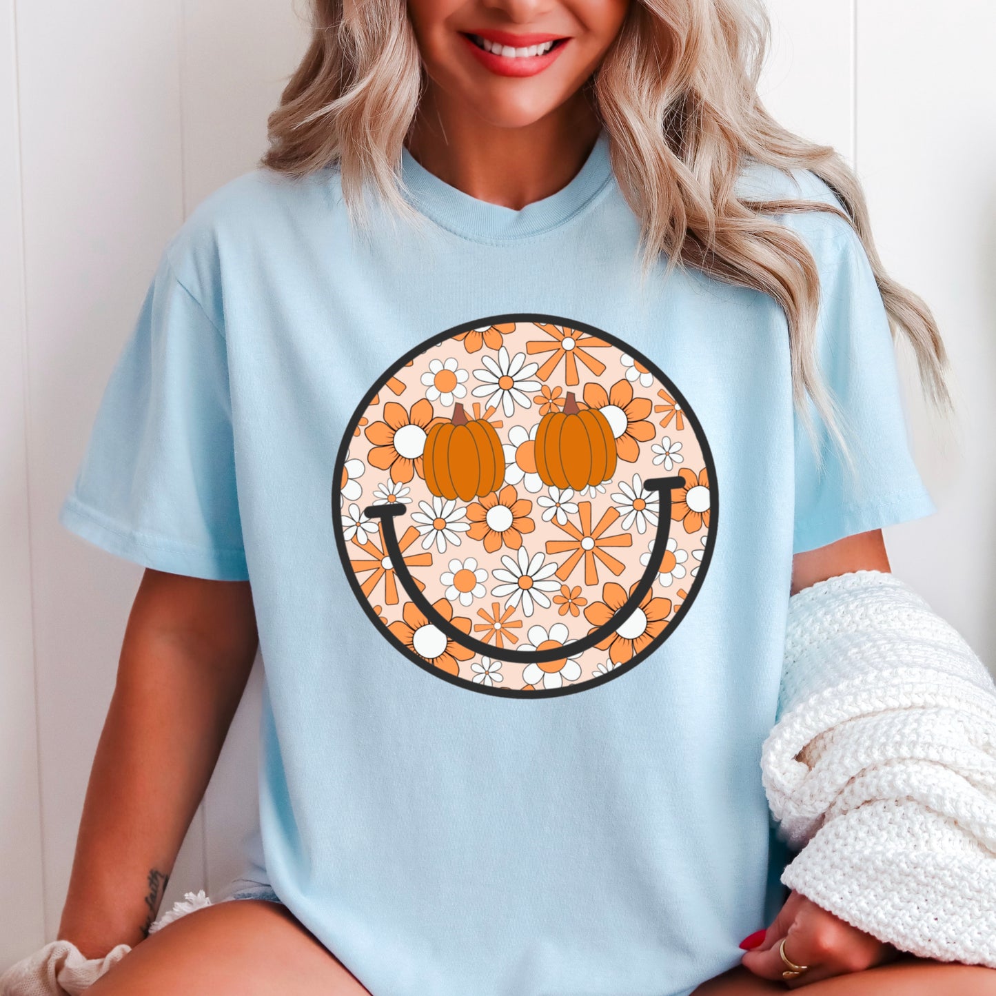 Floral Pumpkin Face Comfort Color Graphic Tee