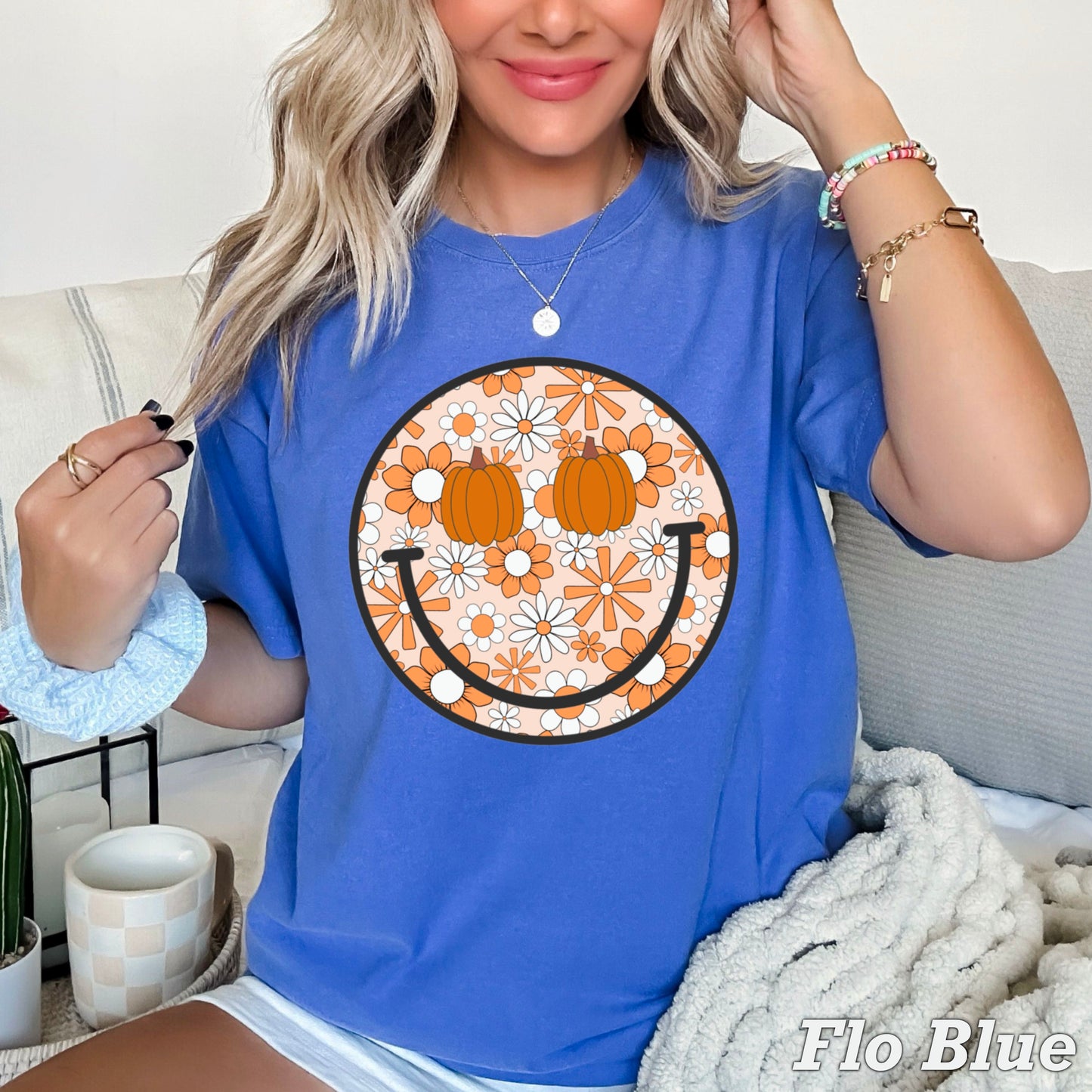 Floral Pumpkin Face Comfort Color Graphic Tee