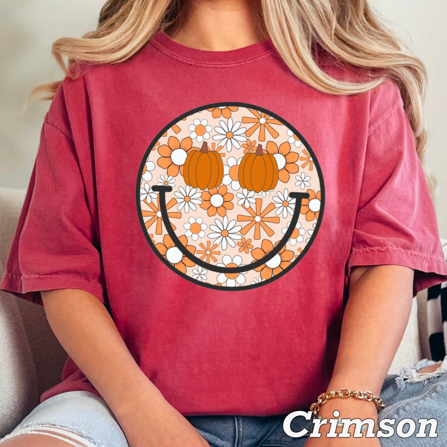 Floral Pumpkin Face Comfort Color Graphic Tee
