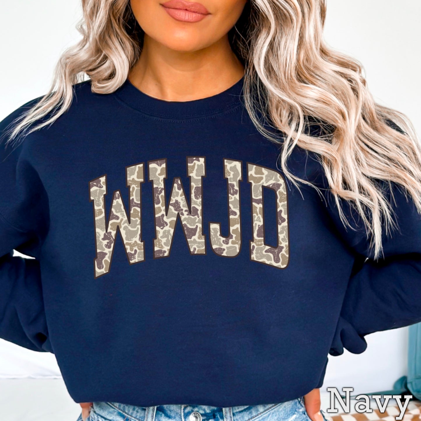 WWJD Camo Christian Graphic Crewneck Sweatshirt