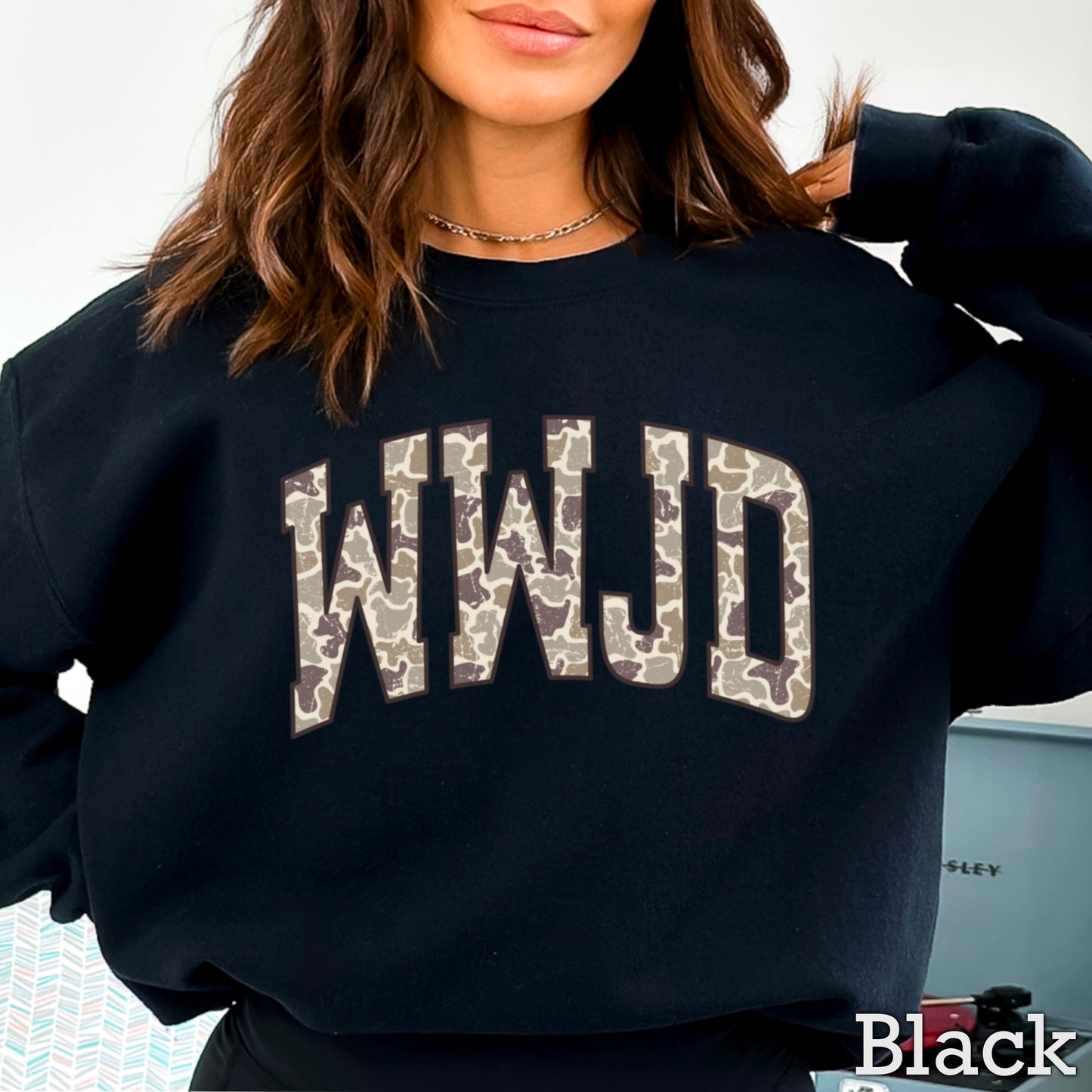 WWJD Camo Christian Graphic Crewneck Sweatshirt