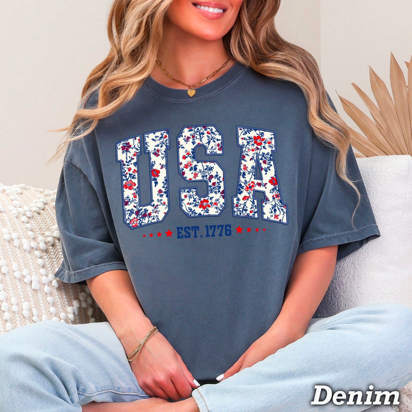 Patriotic Floral USA Comfort Color Graphic Tee