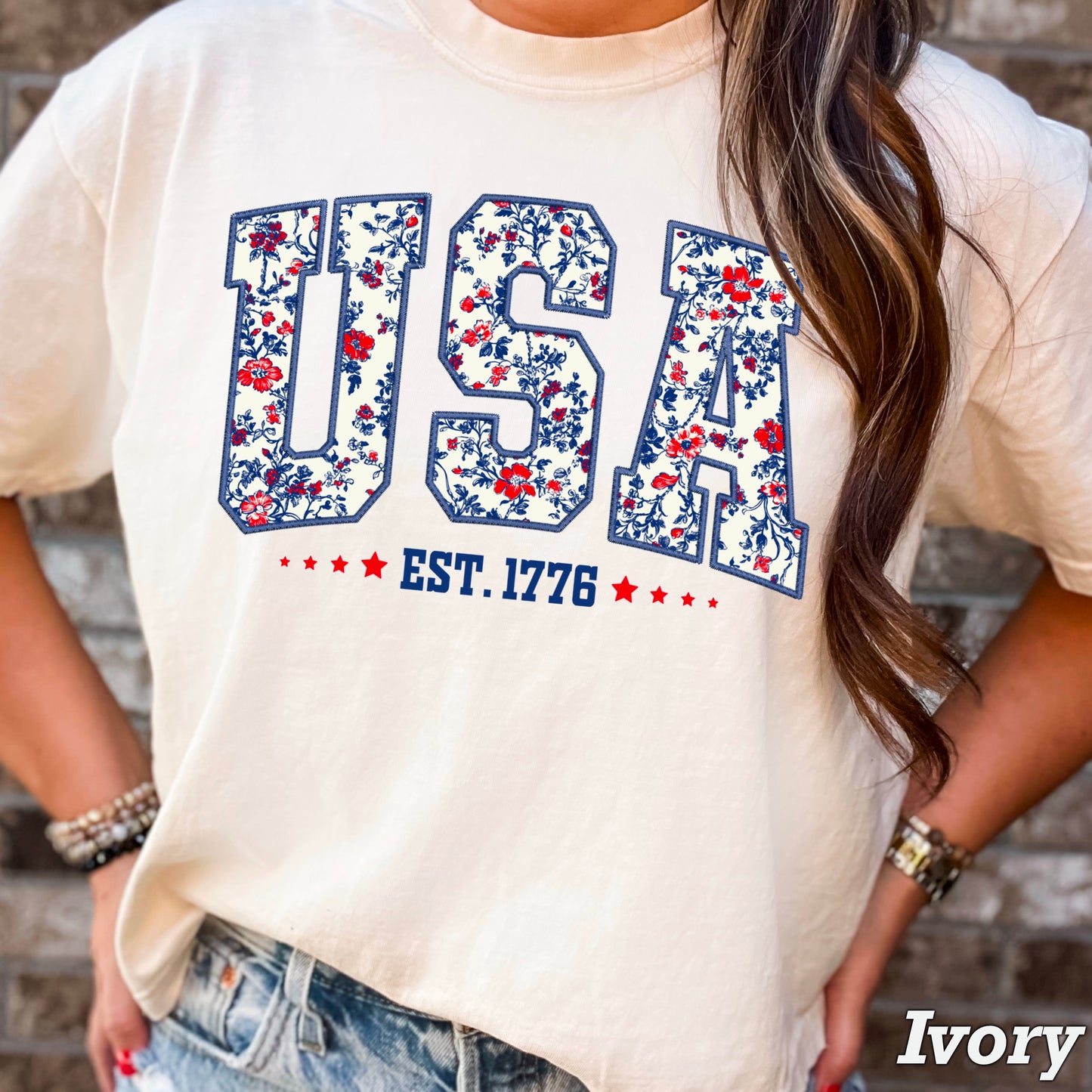 Patriotic Floral USA Comfort Color Graphic Tee