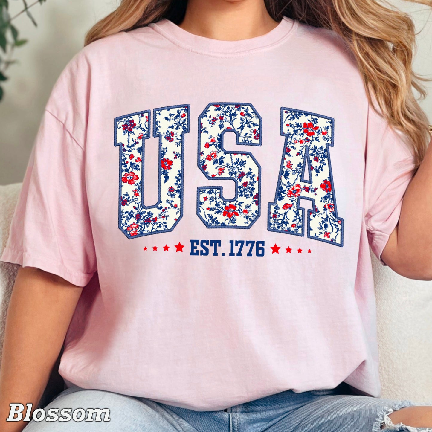 Patriotic Floral USA Comfort Color Graphic Tee