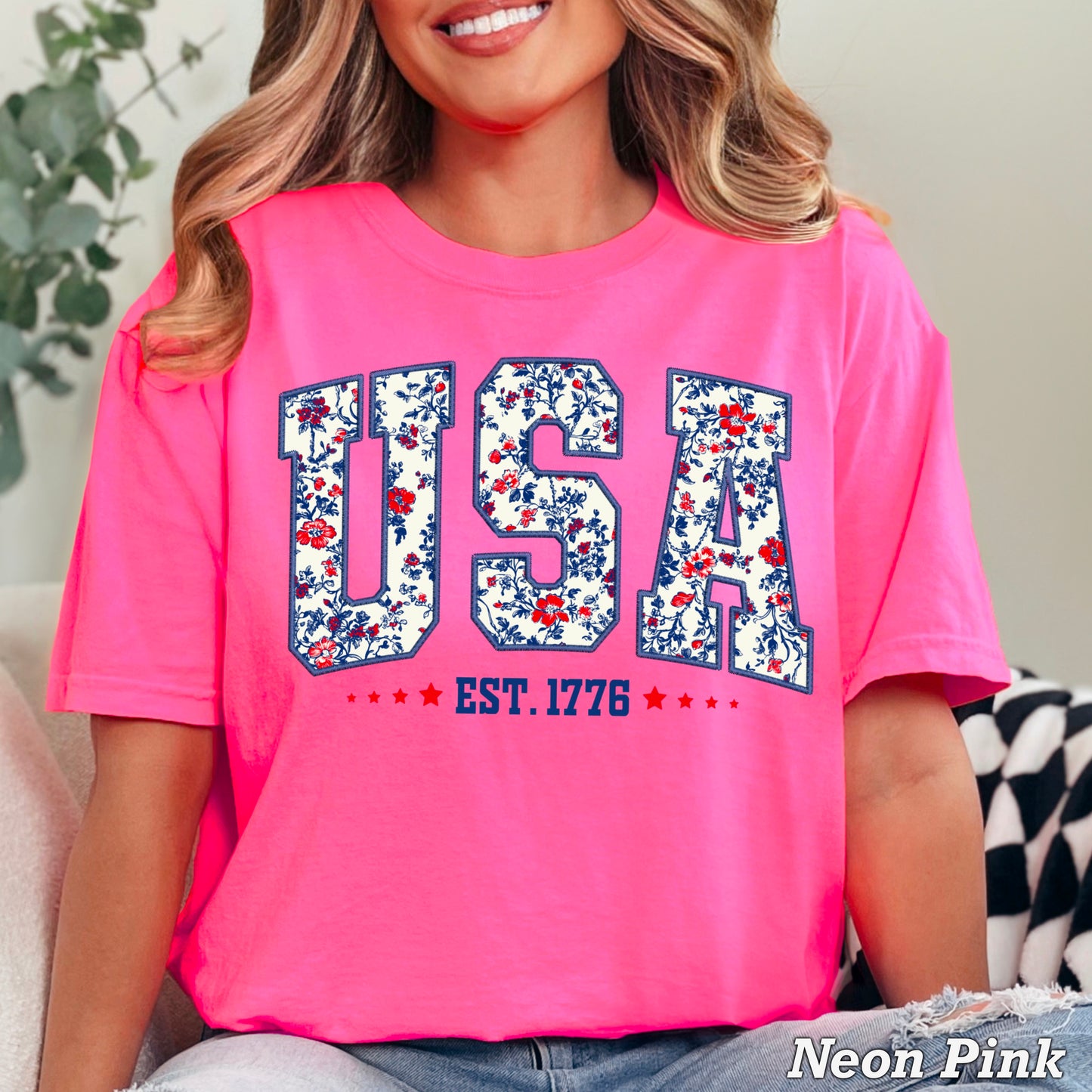 Patriotic Floral USA Comfort Color Graphic Tee