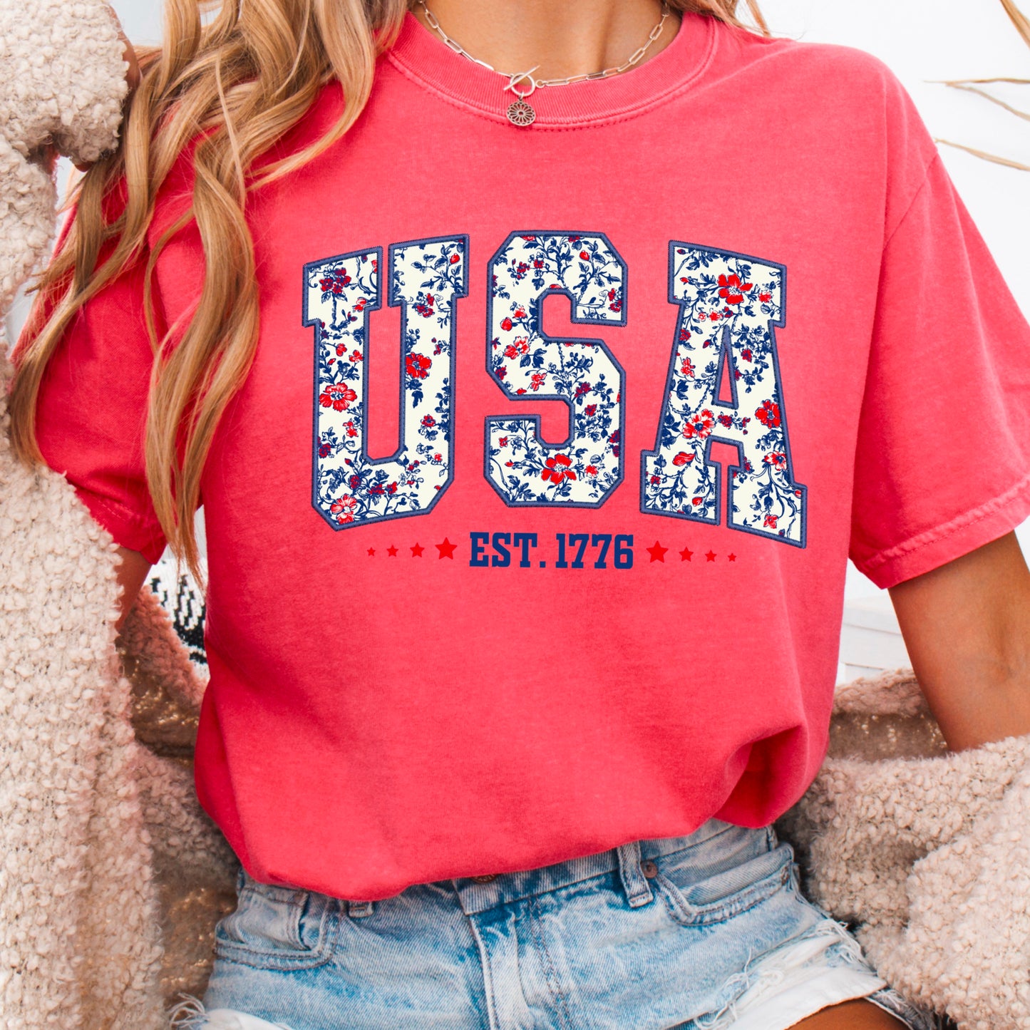 Patriotic Floral USA Comfort Color Graphic Tee