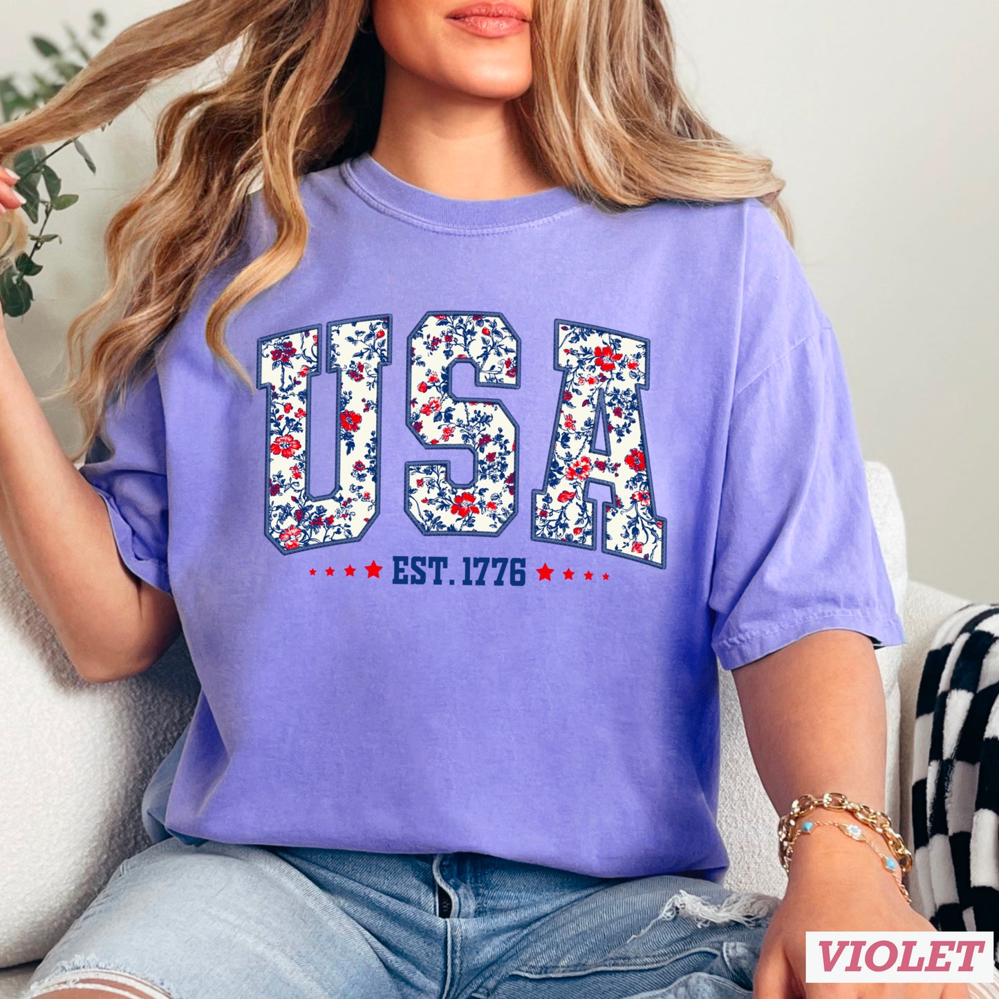 Patriotic Floral USA Comfort Color Graphic Tee