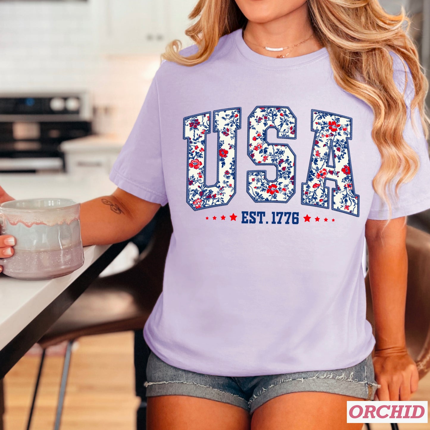 Patriotic Floral USA Comfort Color Graphic Tee