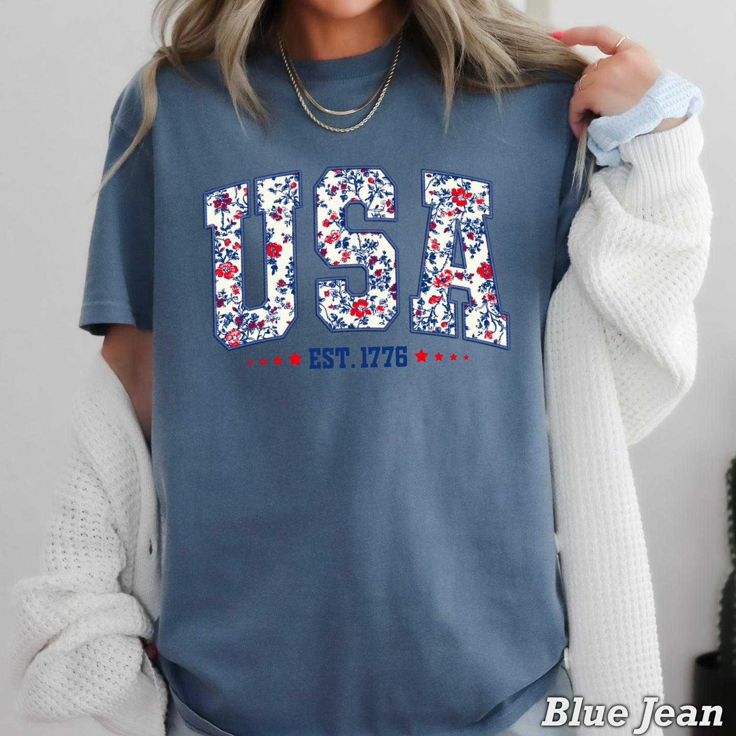 Patriotic Floral USA Comfort Color Graphic Tee