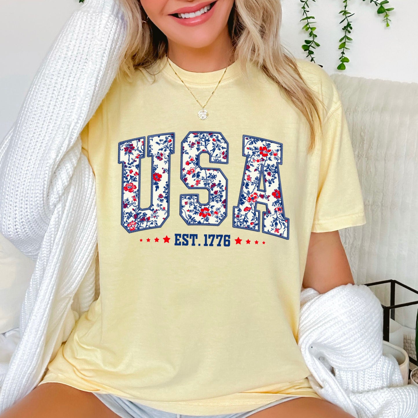 Patriotic Floral USA Comfort Color Graphic Tee