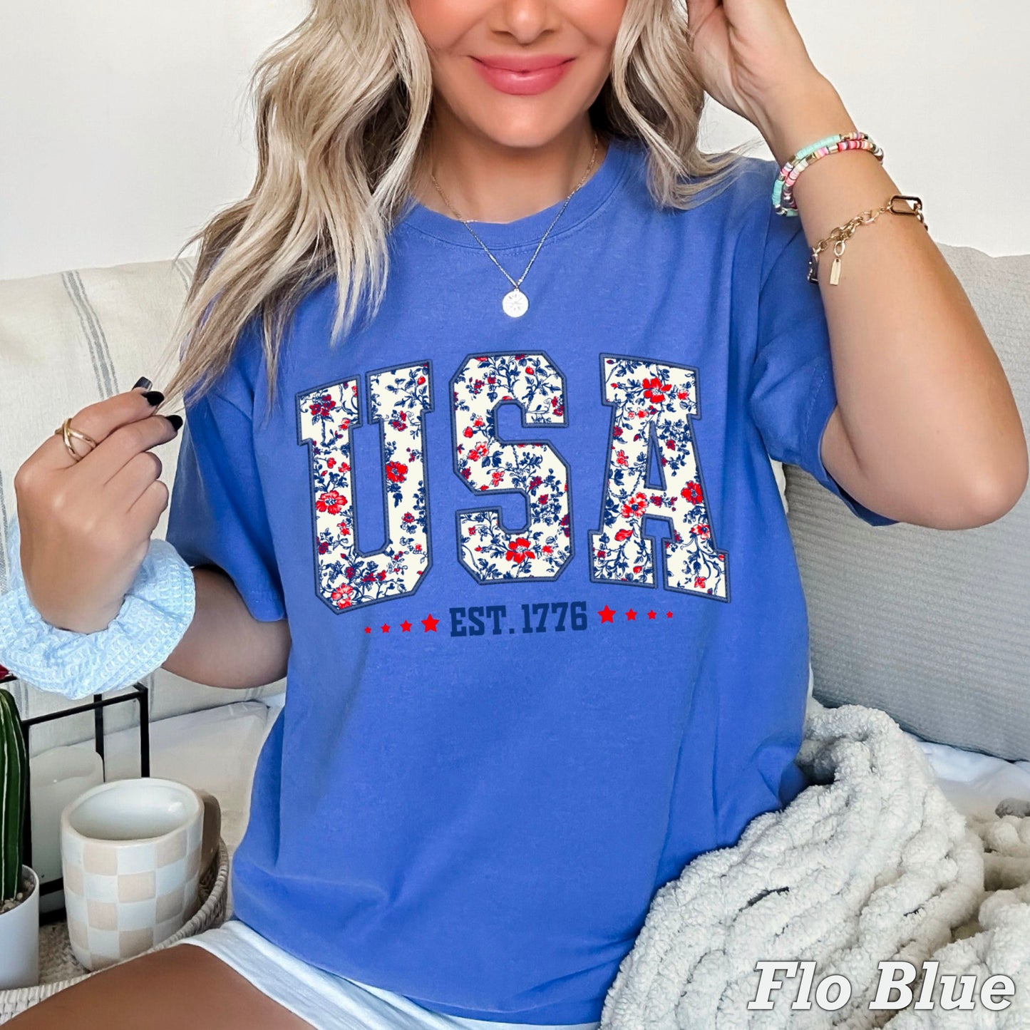 Patriotic Floral USA Comfort Color Graphic Tee