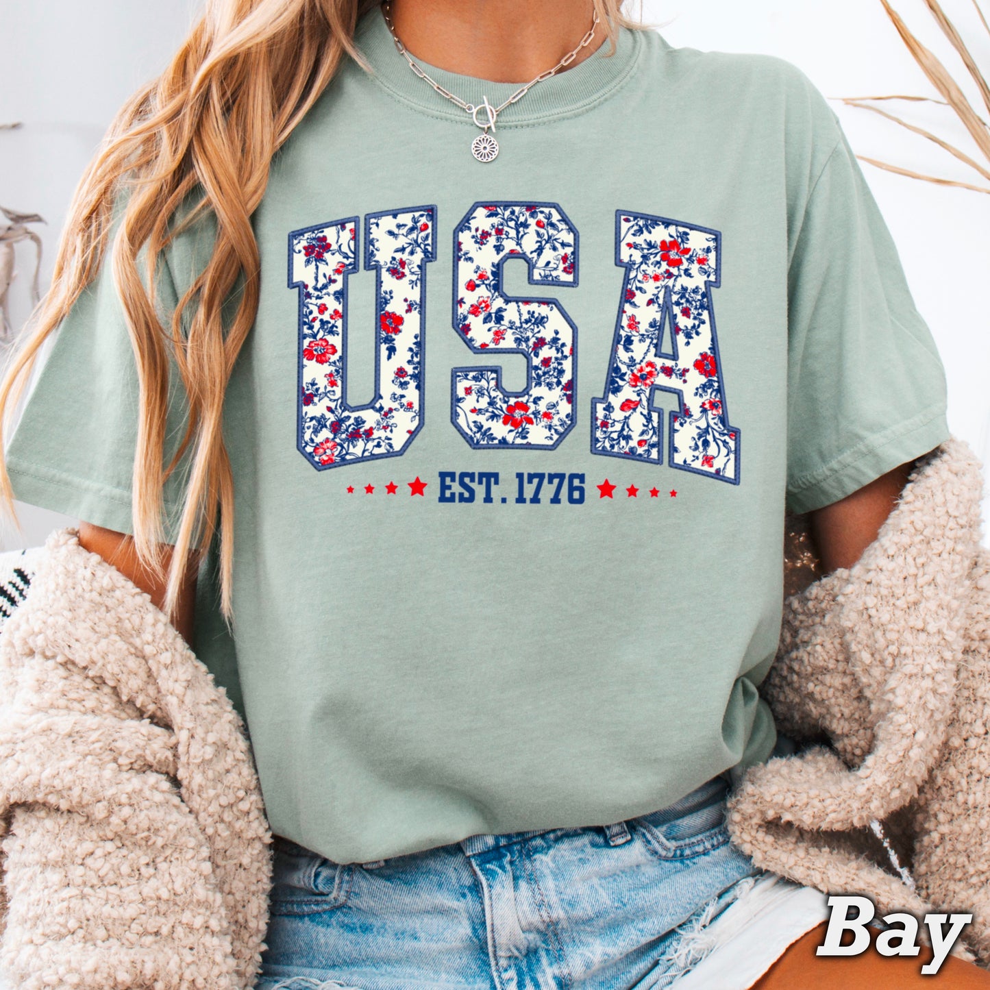 Patriotic Floral USA Comfort Color Graphic Tee