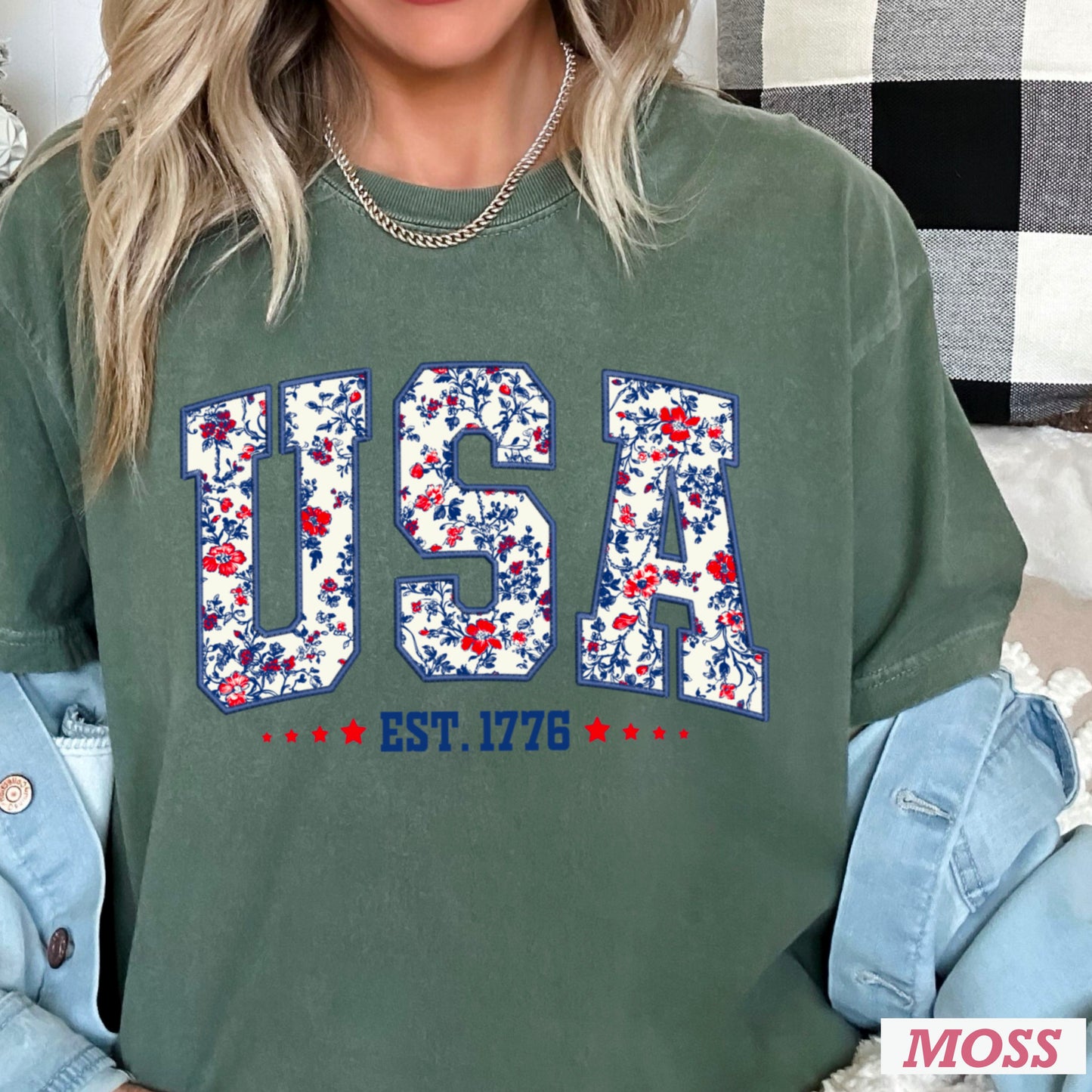 Patriotic Floral USA Comfort Color Graphic Tee