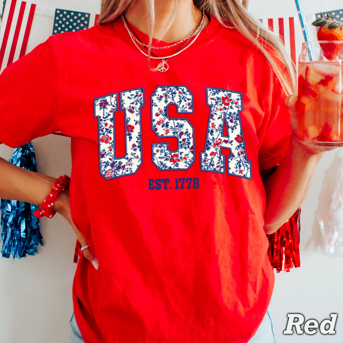 Patriotic Floral USA Comfort Color Graphic Tee