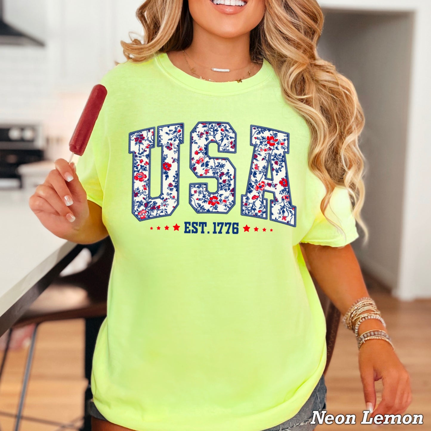 Patriotic Floral USA Comfort Color Graphic Tee