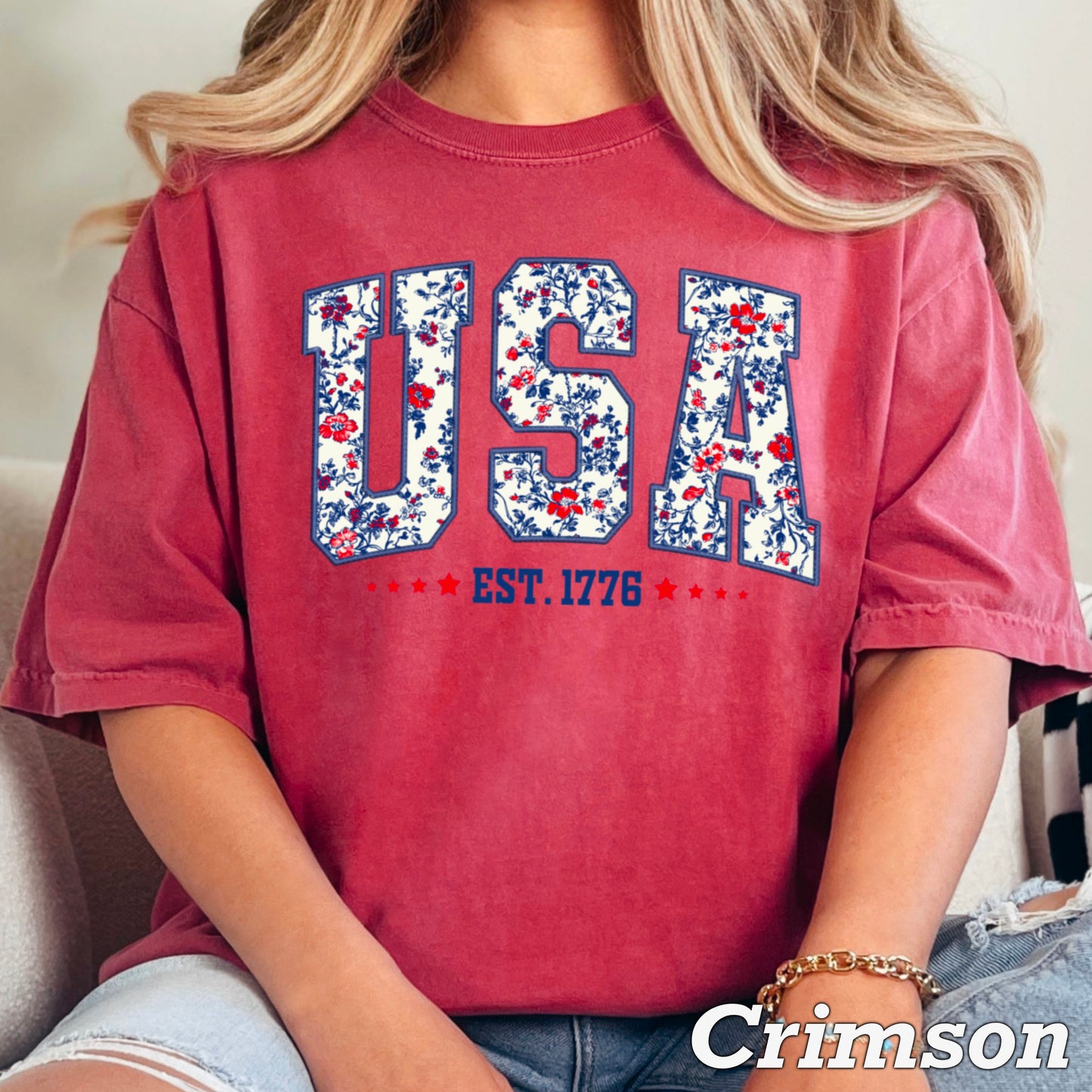 Patriotic Floral USA Comfort Color Graphic Tee