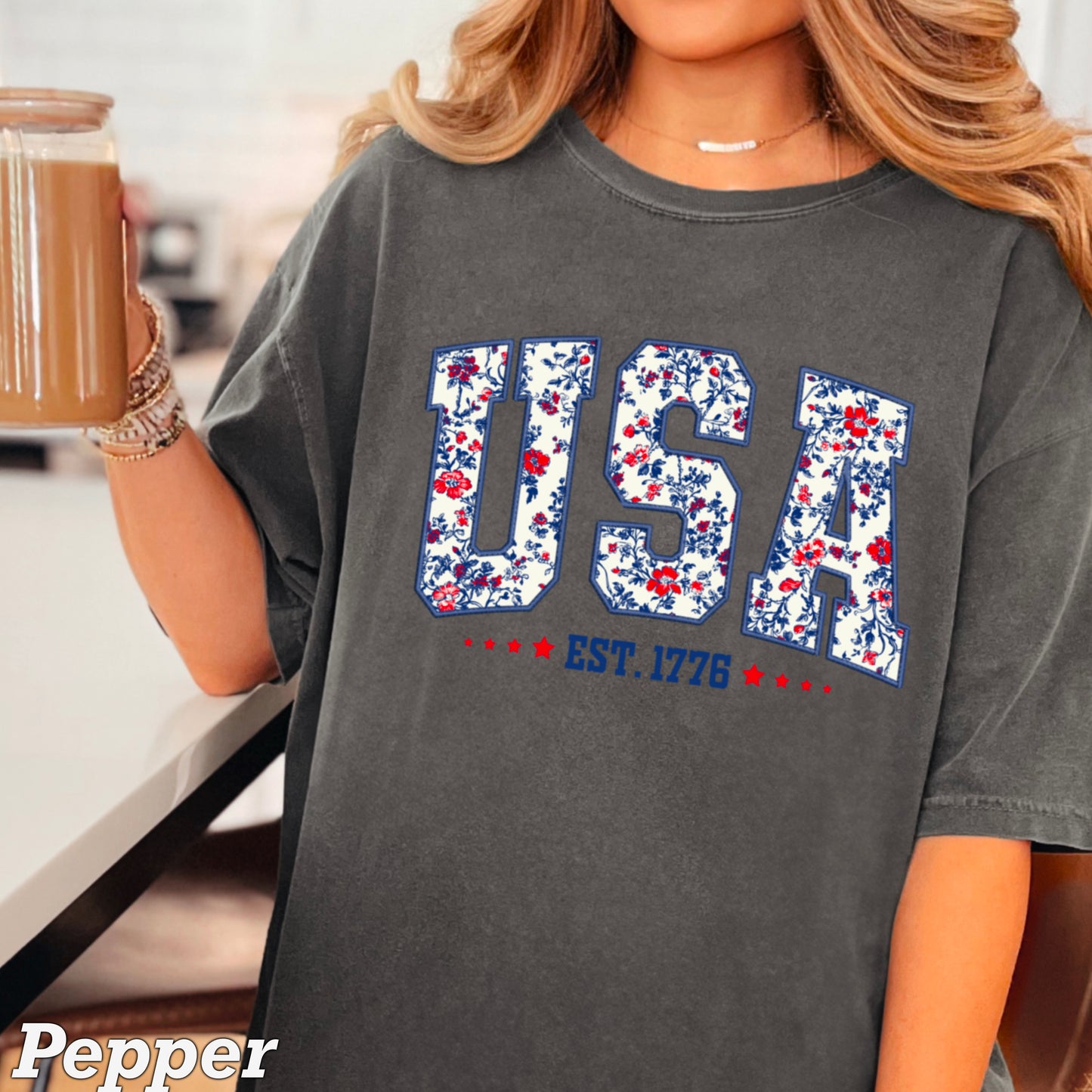 Patriotic Floral USA Comfort Color Graphic Tee