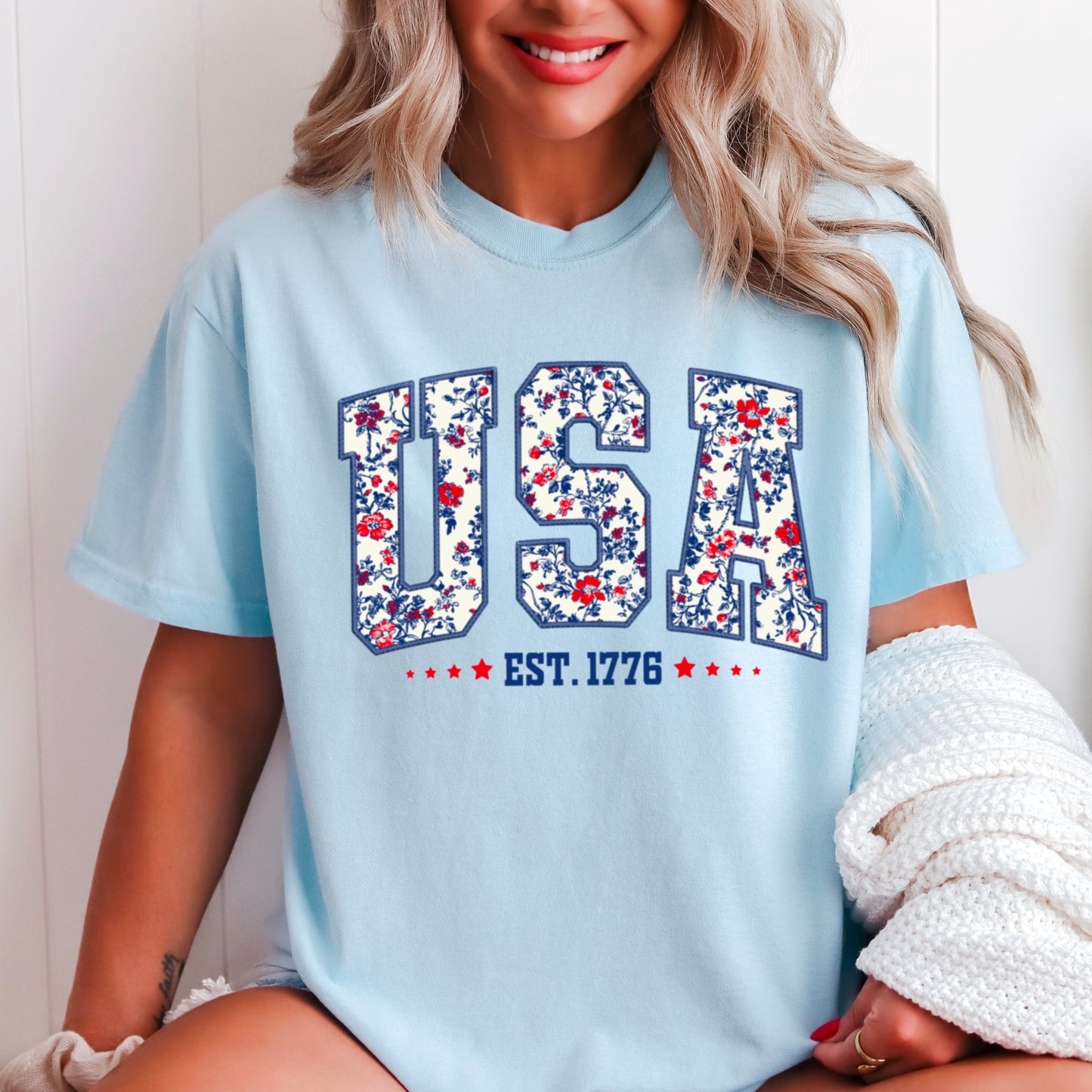 Patriotic Floral USA Comfort Color Graphic Tee