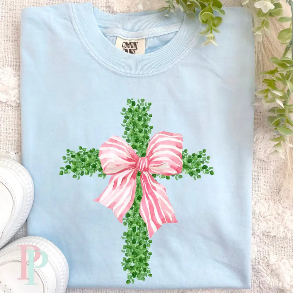 Boxwood Cross Pink Bow DTF Transfer