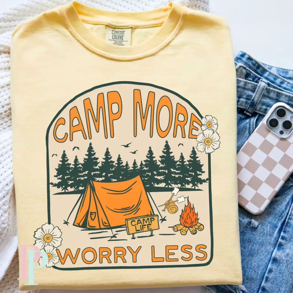 Camp More Worry Less Comfort Color Graphic Tee As Pictured Is Banana