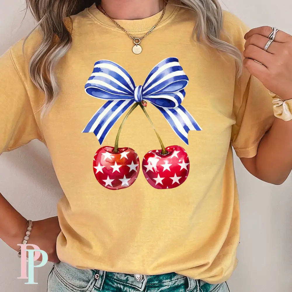 Coquette Cherries Comfort Color Graphic Tee SMALL / MUSTARD