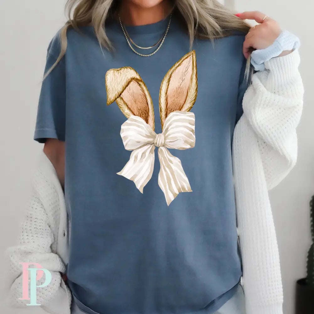 Easter Bunny Ears Coquette Bow Comfort Color Graphic Tee SMALL / BLUE JEAN