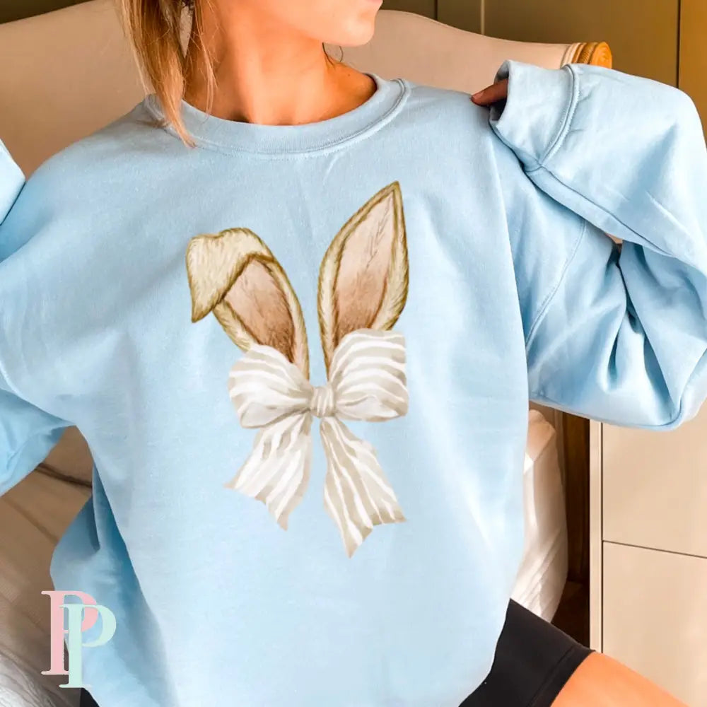 Easter Bunny Ears Coquette Bow Crewneck Sweatshirt Light Blue / Small