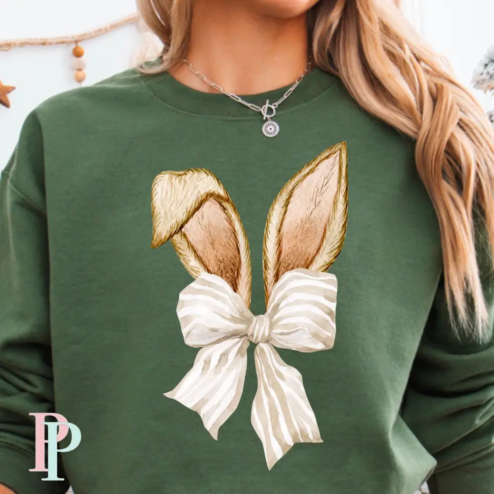 Easter Bunny Ears Coquette Bow Crewneck Sweatshirt Military Green / Small