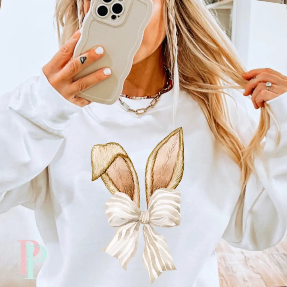 Easter Bunny Ears Coquette Bow Crewneck Sweatshirt White / Small