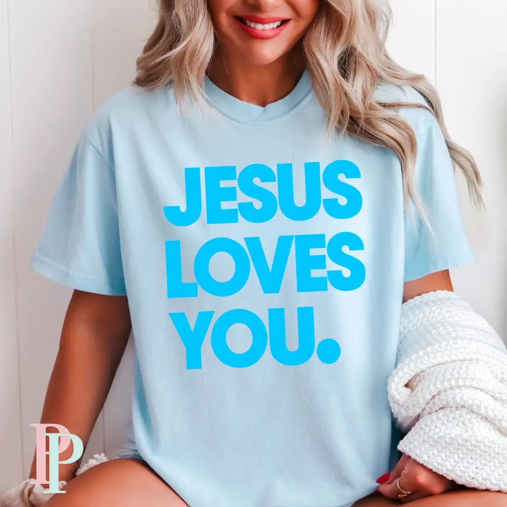 Jesus Loves You Comfort Color Graphic Tee CHAMBRAY / SMALL