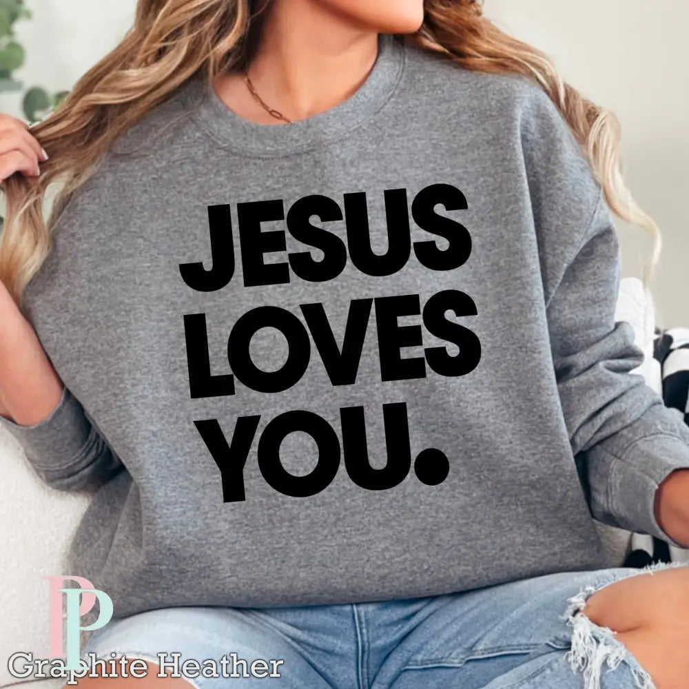 Jesus Loves You Crewneck Sweatshirt Dark Heather Gray / Small